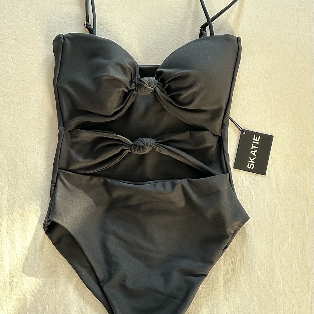 Skatie Black One Piece Swimsuit with Bow Detail and Cutout